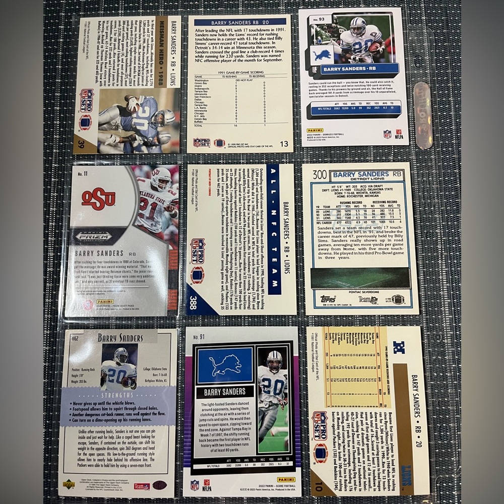 🏈 Barry Sanders Football NFL Football Trading Card Collection, Lot of 9 - Lot #1 - Picture 2 of 4